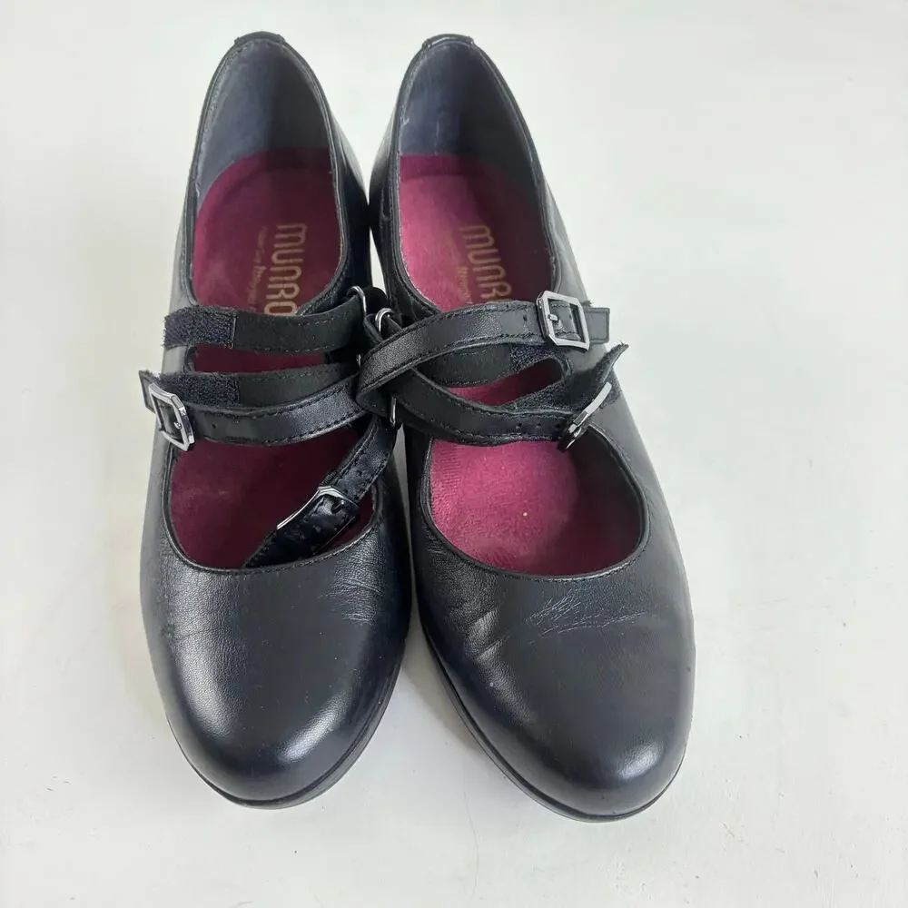 Munro Alicia Black Leather Double Strap Mary Jane Pumps Sz 7 Witchy Academia